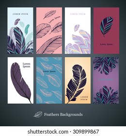 Collection of backgrounds with feathers for banners, visiting cards and price tag. Easy to edit. No auto trace.