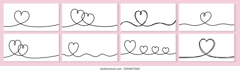 Collection of backgrounds with hand drawn hearts in line art style. Design for Valentine’s Day, Mother’s Day and Women’s Day. Vector illustration 