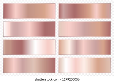 Collection of backgrounds with a metallic gradient. Brilliant plates with rose gold effect. Vector illustration.