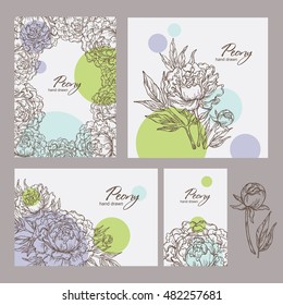 Collection of backgrounds with peony. hand drawn