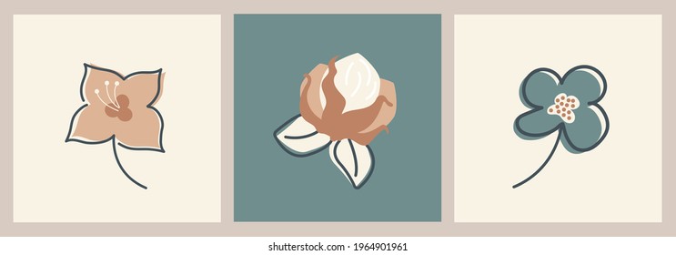 Collection of backgrounds with trending abstract flower. Vector plants in scandinavian minimal style. Modern primitive social media post design template.