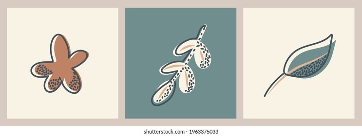 Collection of backgrounds with trending abstract vegetation. Vector leaves and flower in scandinavian minimal style. Modern primitive social media post design template.