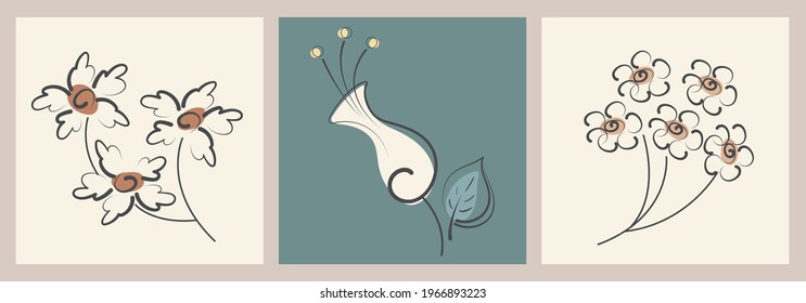 Sammlung von Hintergründen mit angesagter abstrakter Vegetation. Vektorblumen im skandinavischen Minimalstil. Moderne Vorlage.