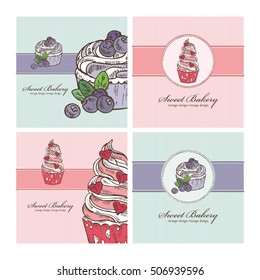 Collection of backgrounds with vintage cupcakes , hand drawn