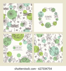 Collection of backgrounds, wreath and seamless with flower and leaves. hand drawn