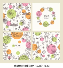 Collection of backgrounds, wreath and seamless with flower and leaves. hand drawn