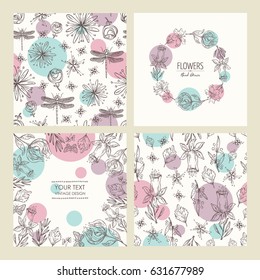 Collection of backgrounds, wreath and seamless with flower and leaves. hand drawn