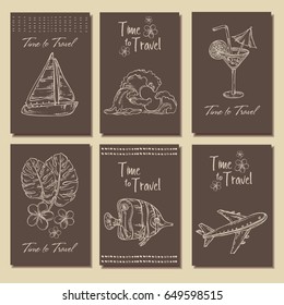 Collection of backgrounds with yacht, wave, plane, cocktail. Vector hand drawn illustration