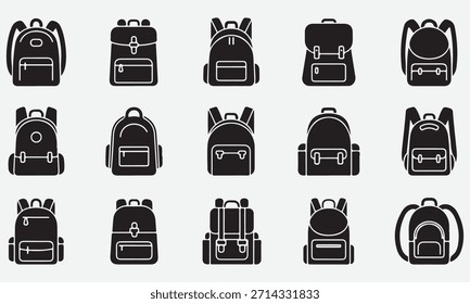 Coleção de ícones de mochila em preto e branco
