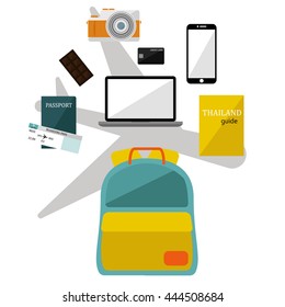 Collection of Backpack supplies set for traveling. vector/ Illustration