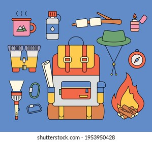 Collection of backpacking objects. flat design style minimal vector illustration.