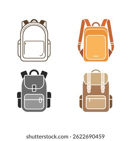 Collection of backpacks. Contains four different colored backpacks on a white background. Bags ideal for travel