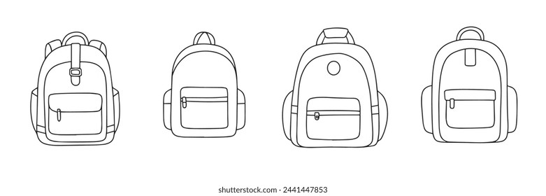 Collection of backpacks in doodle style. Hand drawn vector art.
