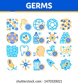 Collection Bacteria Germs Vector Sign Icons Set. Unhealthy Tooth And Dirty Hands, Sternutation Character And Illness People With Germs Linear Pictograms. Microbe Types Color Contour Illustrations