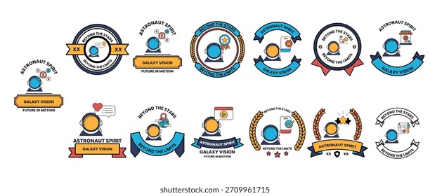 Una colección de insignias con un fondo azul y amarillo. Las insignias son todas diferentes Formas y tamaños