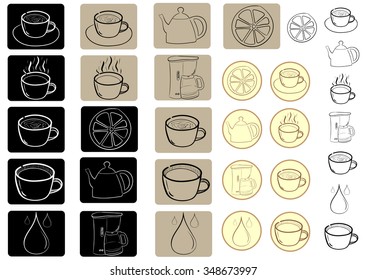 Collection of badges with coffee, tea and drinks