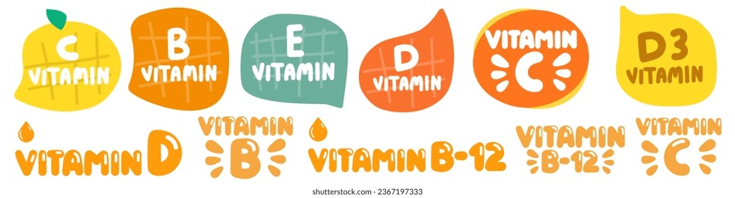 Sammlung von Abzeichen. Grafikdesign. Vitamin C, D, B, E, B-12, D3. 
Gesundes Bio-Konzept. Handgezeichnete flache Vektorgrafiken auf weißem Hintergrund. 