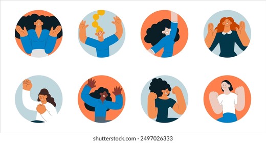 Collection of badges. Happy business employee females in circle shapes on colorful background. Modern flat vector illustration. Social media concept.