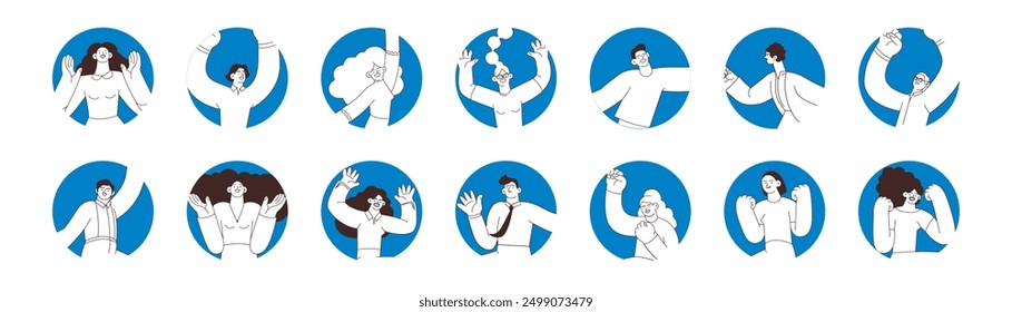 Collection of badges. Happy business employee females and males in circle shapes on colorful background. Black and white modern flat vector illustration. Social media concept.