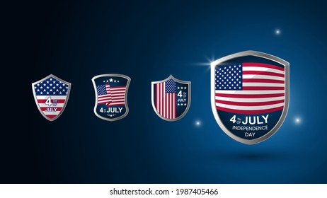 Collection of badges for the independence day USA. 4th of July. Realistic 3d badge on a dark blue background. Set. Vector