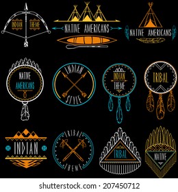 Collection of badges and labels in indian tribal style. Vector illustration.