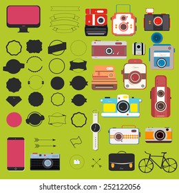 Collection badges and labels, vector retro vintage design, and Old cameras illustration.