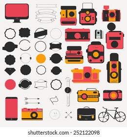 Collection badges and labels, vector retro vintage design, and Old cameras illustration.