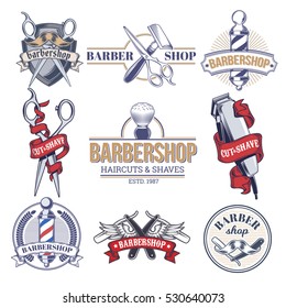 Collection badges, logos with barbershop tools.