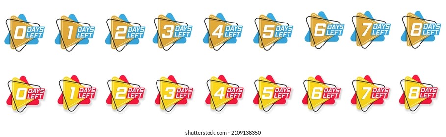 Collection Badges Sale, Landing Page. Countdown 1, 2, 3, 4, 5, 6, 7, 8, 9, Days Left Label Or Emblem Set For Sale Or Retail. Promotional Banners. Flat Badge With Number Of Count Down Time. Vector.