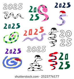 Collection of badges. Snake symbol of the new year and number 2025. Flat and outline design. Illustrations on white background.