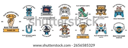 A collection of badges with various themes including video games music