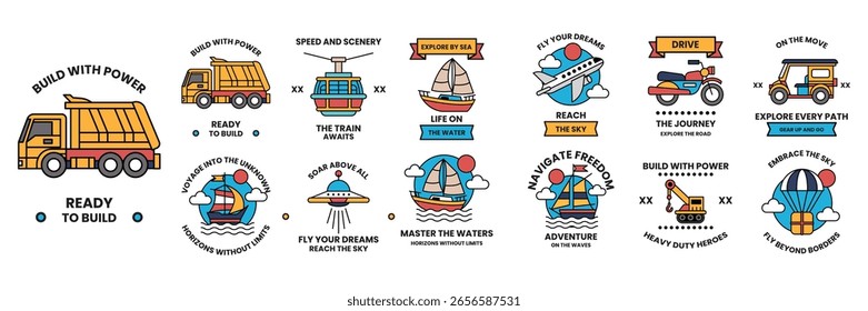 A collection of badges with various vehicles on them