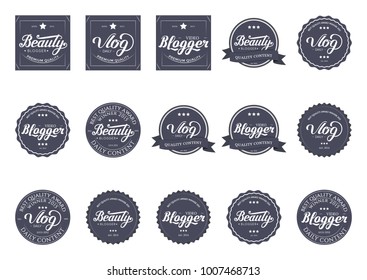 Collection of Badges Video Blogger,  Beauty, Vlog Video with Hand Drawn Lettering Isolated in White Background. Set of Black Logo Emblems Vector Illustration. Can be used for Logotype, Branding.