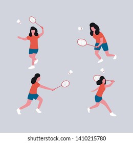 Collection of badminton player with racket isolated on a light background. Flat style vector illustration