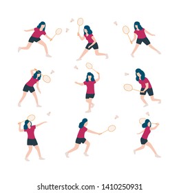 Collection of badminton player with racket isolated on a light background. Flat style vector illustration
