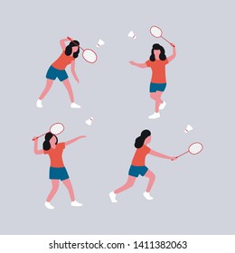 Collection of badminton player with racket isolated on a light background. Flat style vector illustration