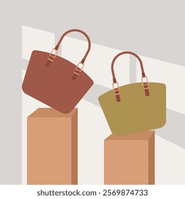 Collection of bags in store showcase, vector illustration. handbags and suitcases for  women. Luxury accessories shop, trendy bags for casual quality lifestyle