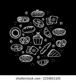 A collection of baked goods and confectionery, hand-drawn sketch-style doodle elements. Different kinds of bread, croissant, baguette, scones, muffin, muffin. Vector cute illustrations on black.