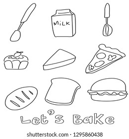 Collection of baked goods such as pizza, slice of bread, cupcake, burger, loaf, cake and kitchen utensils such as spatula, whisk in doodle drawing vector. Let's bake concept with fresh baked food.