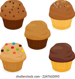 Colección de muffins al horno con chispas de chocolate y azúcar. Conjunto de ilustraciones vectoriales.