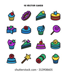 Collection of bakery and cake icons. Candy, sweet set. Vector