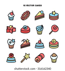 Collection of bakery and cake icons. Candy, sweet set. Vector