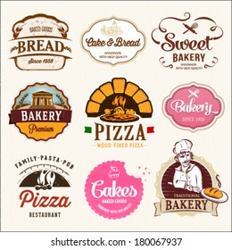 Collection of BAKERY, CAKES and PIZZA badges and labels 