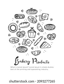 Sammlung von Bäckereien und Süßwaren mit verschiedenen Arten von Brot, Croissant, Brezel, französischem Baguette, Scones, Bagels, Cupcakes, Kuchen, Muffins. Vektorgrafiken, handgezeichnet im Doodle-Stil.