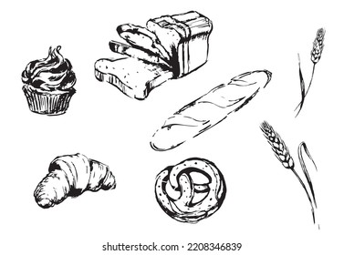 collection of bakery and confectionery sketch elements vector illustration, set, sign, vector icon of bread, cupcake, cheesecake, bun, loaf, ears of wheat, bakery logo design, packaging.