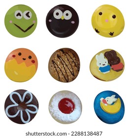 Collection of bakery decorated with funny face in several taste such as chocolate strawberry orange sweet isolated on white backgound as vector illustration