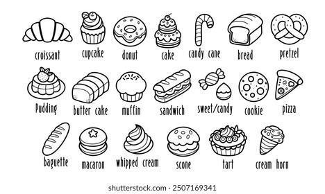 Collection of bakery and dessert icons with names, delicious hand drawn doodles, cute line art outlines, vector illustration.