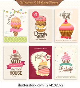 Collection of Bakery Flyers or Menu Cards decorated with sweet ice-cream, donuts and cupcakes.