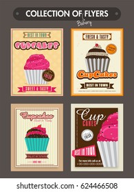 Collection of bakery flyers, templates or menu cards design with illustration of sweet delicious cupcakes.