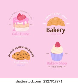 Collection of bakery logo and label. Design with cake, croissant, cookie, cupcake, and text in pastel color on pink background.